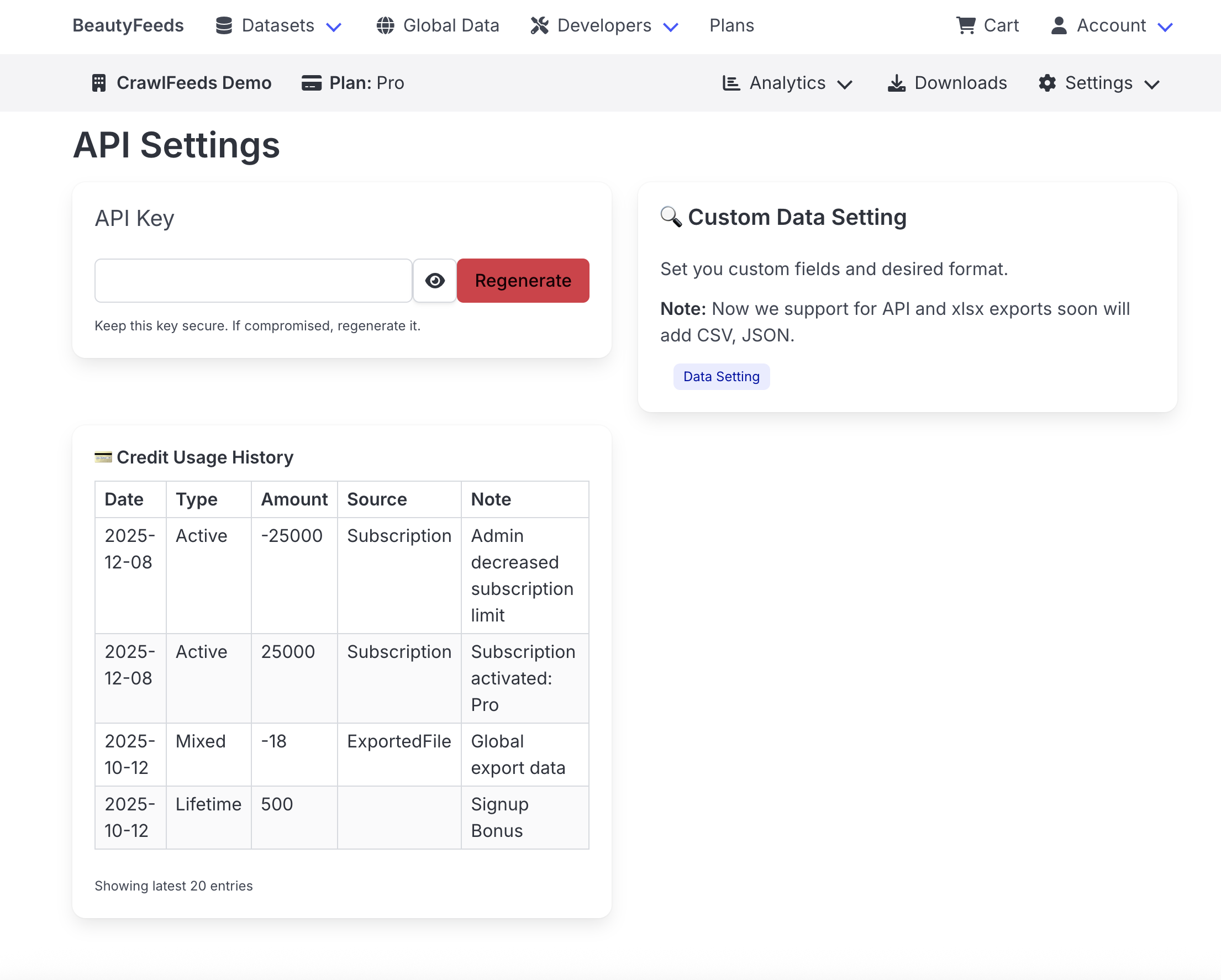 BeautyFeeds API Settings
