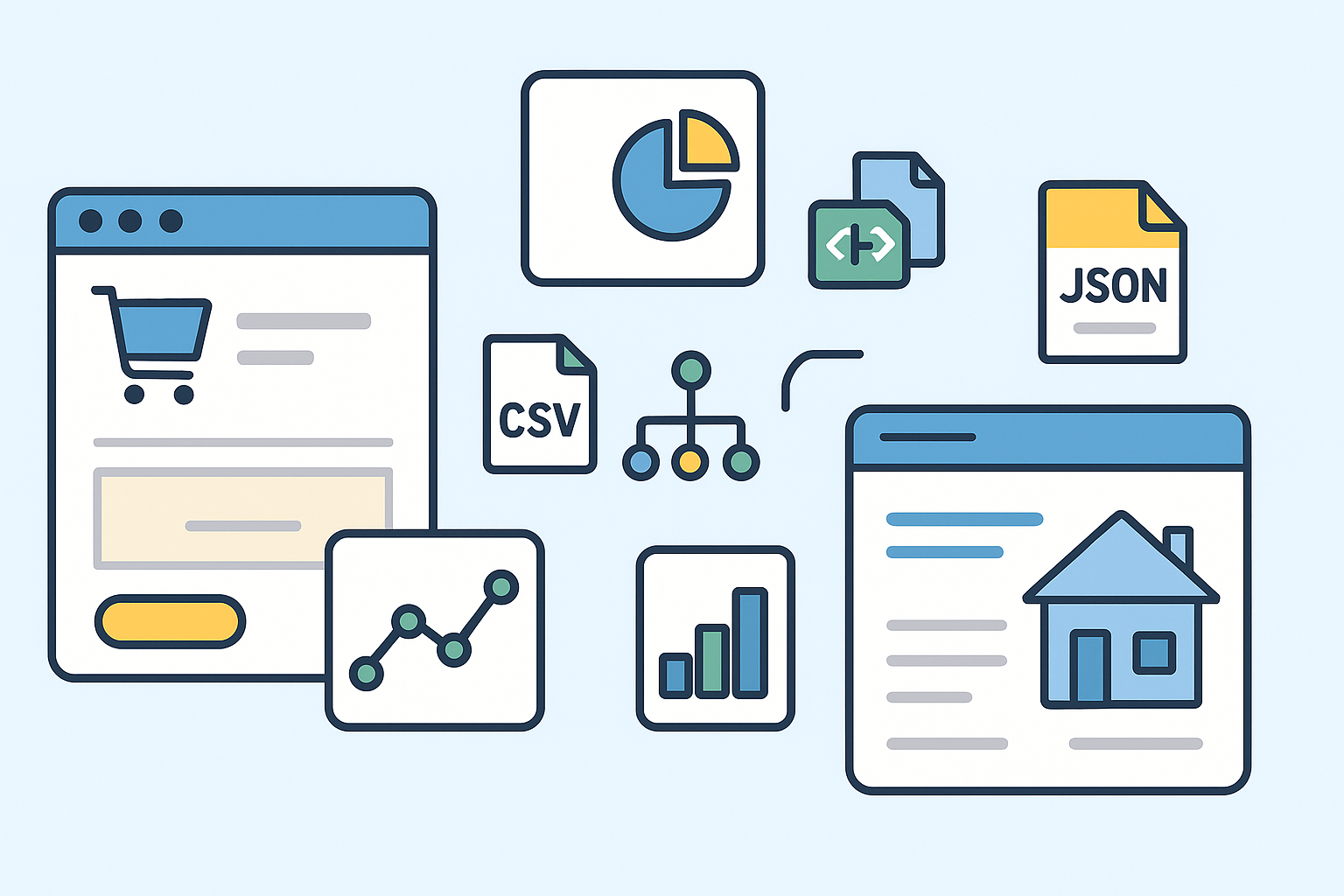 Visual illustration of custom data extraction across multiple industries, including e-commerce, real estate, and more—showing structured data formats like CSV, JSON, and analytics outputs.